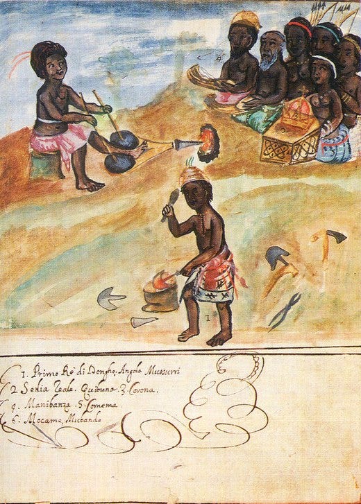 An colored illustration of African people working with iron in the 1600s