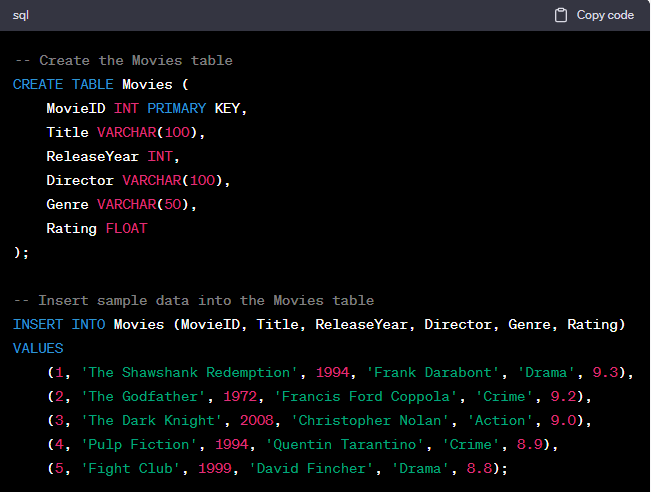 Execution plan for a table design and insert script for a movie ...