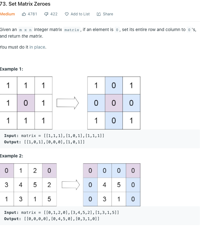 leetcode 73. Set Matrix Zeroes. ok so the part that i was stuck on was ...