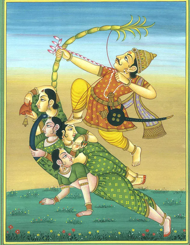 Kamadeva on mount of a parrot formed by bodies of women. (Image source: Exotic India Art https://www.exoticindiaart.com/product/paintings/kamadeva-and-his-mount-parrot-hi66/?srsltid=AfmBOora7iOh4X8LvJGFIxWZqfpQ6Xfpndli6POewwqwix10Oj-5F_N2)