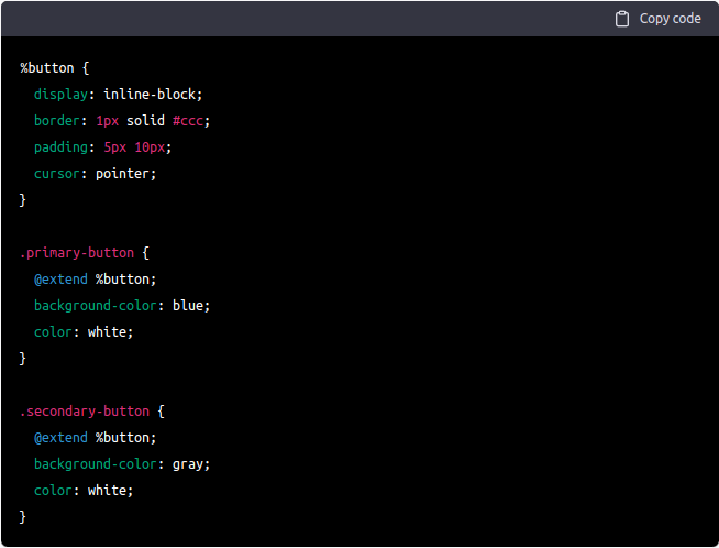 Here’s an example of how you can use placeholder selectors in an SCSS file