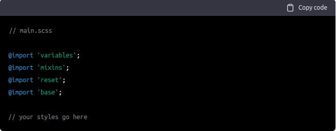 In this example, main.scss is importing four other SCSS files