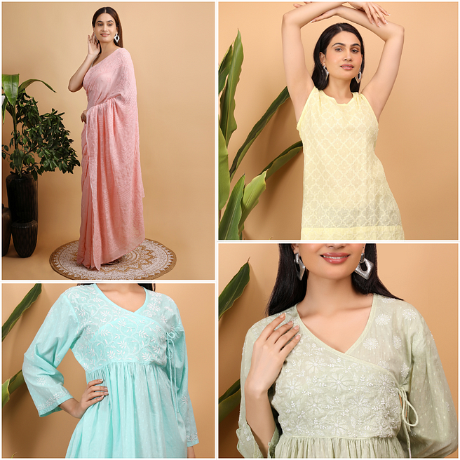 Collage of SHWET’s product which includes hand embroidered chikankari peach saree and other pastel shades products.
