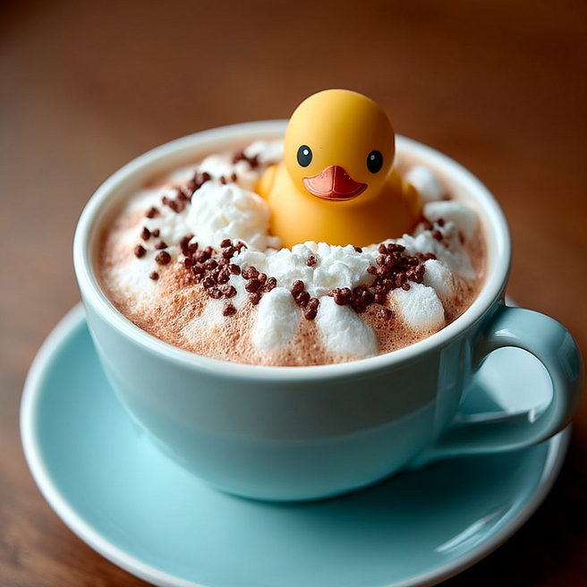 A cheerful rubber duck floats in a large teal mug filled with hot chocolate, topped with whipped cream and chocolate sprinkles. The cozy setting and rich foam create a whimsical, inviting scene.