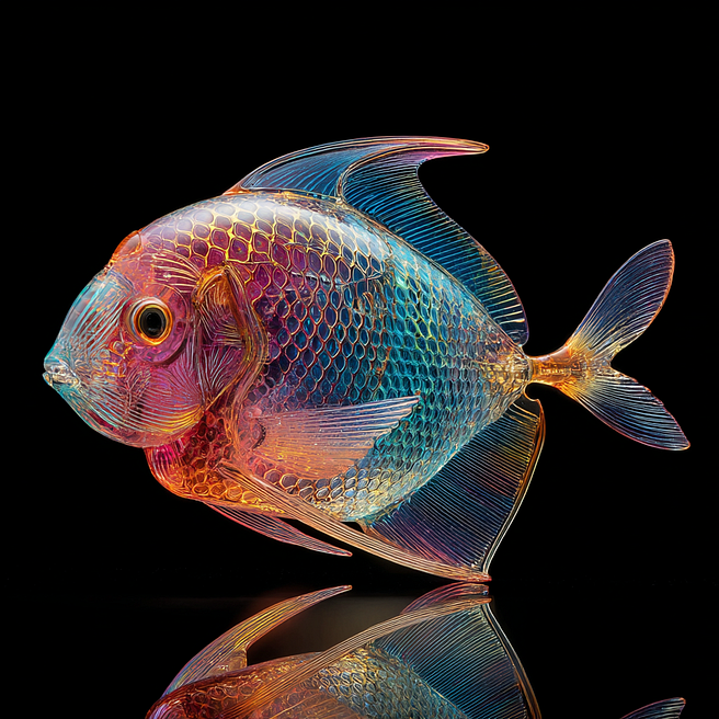 A hyper-realistic, colorful, and transparent glass fish, featuring vibrant shades of pink, blue, and yellow. The intricate details of its scales, fins, and body are captured in lifelike precision, with the fish reflected against a black background. The fish appears almost translucent, showcasing an ethereal and artistic design.”