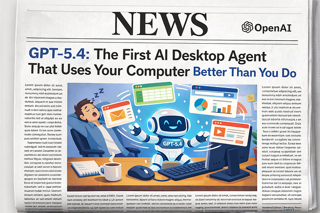 Front-page newspaper-style illustration featuring the headline “GPT-5.4: The First AI Desktop Agent That Uses Your Computer Better Than You Do,” with an OpenAI logo in the header. In the center, a cheerful small robot labeled GPT-5.4 works at a desktop computer while juggling floating email, spreadsheet, and browser windows, as a tired office worker sleeps in a chair beside the desk. Columns of newspaper text frame the colorful scene.