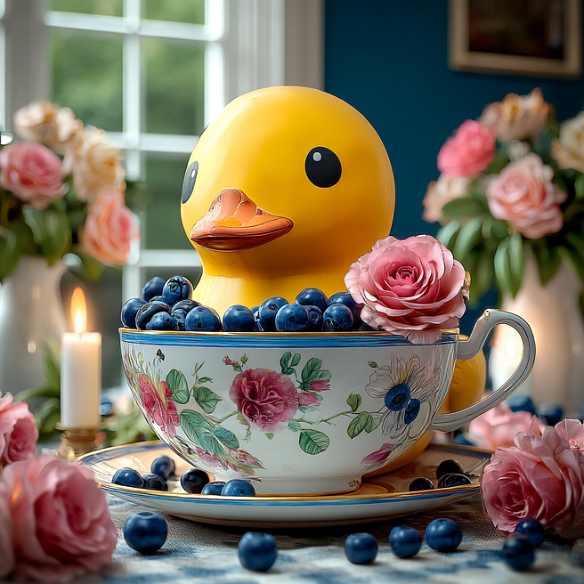 A bright yellow rubber duck sits inside a floral-patterned teacup filled with fresh blueberries, accented by a pink rose. The teacup rests on a matching saucer, surrounded by scattered blueberries, pink roses, and a lit candle in a cozy, sunlit room.