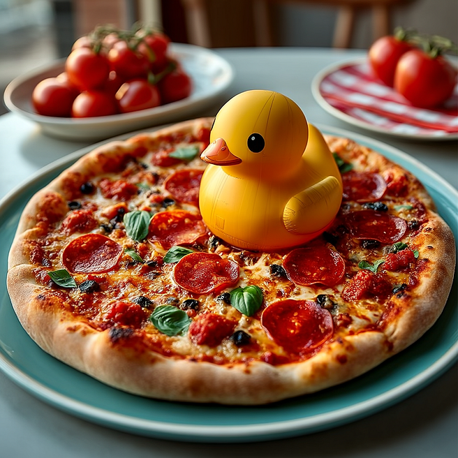 A bright yellow rubber duck sits humorously in the center of a pepperoni pizza on a patterned ceramic plate. The crispy crust, melted cheese, and scattered basil contrast with the playful duck, creating a quirky and surreal food scene.