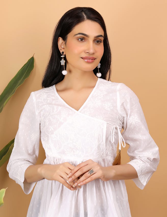 White on White hand embroidered chikankari angarkha top