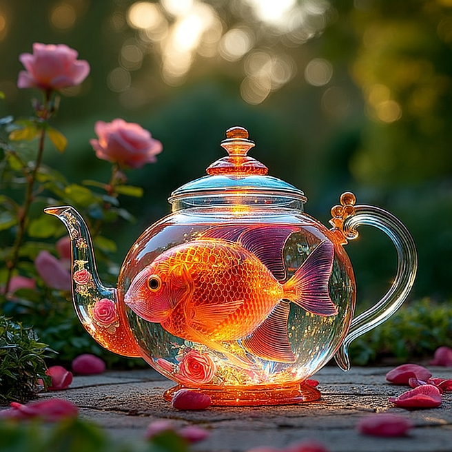 A colorful and transparent glass fish gracefully swimming amidst vibrant coral in a peaceful underwater scene. The fish is adorned in hues of pink, blue, and orange, almost resembling a crystal sculpture. Surrounding it, soft coral formations in shades of pink and orange create a dynamic contrast against the deep ocean blue. Small bubbles float around, adding a tranquil, ethereal quality to the scene