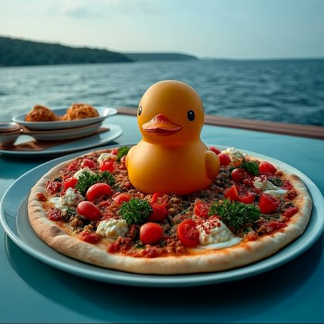 A bright yellow rubber duck sits humorously in the center of a pepperoni pizza on a patterned ceramic plate. The crispy crust, melted cheese, and scattered basil contrast with the playful duck, creating a quirky and surreal food scene.