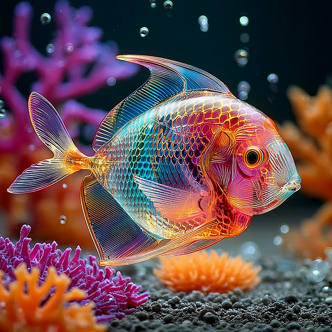 A vivid and transparent glass fish gracefully swimming amidst colorful coral, set in an underwater scene. The fish is adorned with vibrant hues of pink, blue, and orange, resembling a translucent sculpture. Bubbles rise around the fish, and the soft, detailed coral in the foreground enhances the lively atmosphere of the underwater world