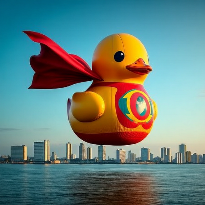 A superhero rubber duck with a red cape and emblem on its chest soars above a city skyline at sunset, evoking a playful sense of power and fun as it “saves the day” in rubber duck fashion.