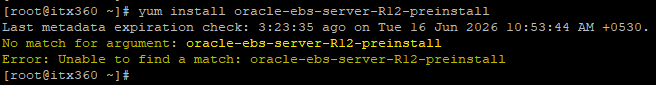 Error: Unable to find a match: oracle-ebs-server-R12-preinstall