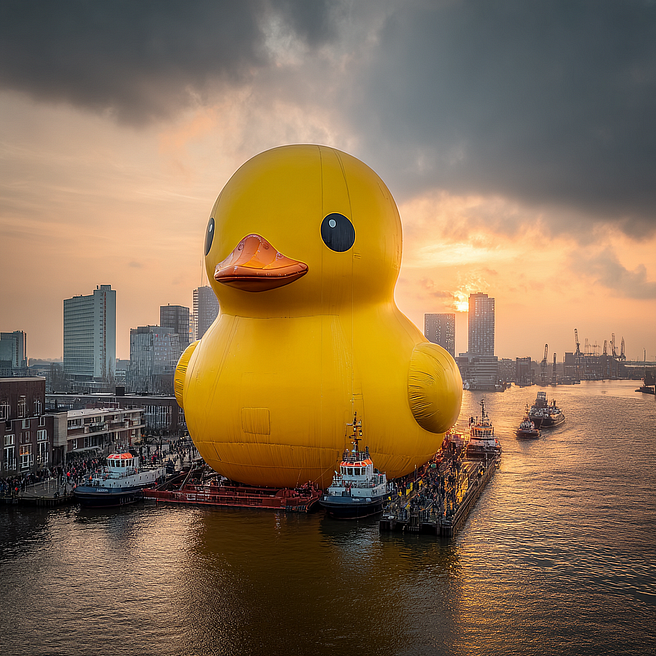A massive inflatable rubber duck floats in a harbor at sunset, surrounded by tugboats and a crowd of onlookers along the waterfront. The city skyline and cranes are silhouetted in the background under dramatic, cloudy skies.
