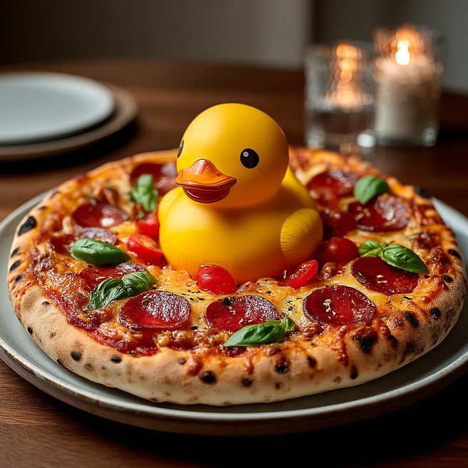 A bright yellow rubber duck sits humorously in the center of a pepperoni pizza on a patterned ceramic plate. The crispy crust, melted cheese, and scattered basil contrast with the playful duck, creating a quirky and surreal food scene.