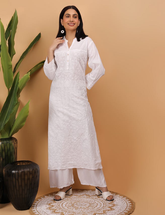 Whitework on hand embroidered chikankari Pintex kurti