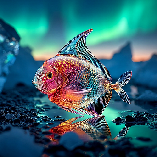 A mesmerizing, transparent glass fish with vibrant hues of pink, blue, and orange, swimming gracefully against a stunning backdrop of the northern lights. The fish’s intricate scales and fins reflect beautifully in the serene water below, creating a surreal, almost ethereal atmosphere. The distant icebergs and the glowing aurora borealis add an otherworldly touch to the scene, enhancing the vibrant glass fish in the foreground.”