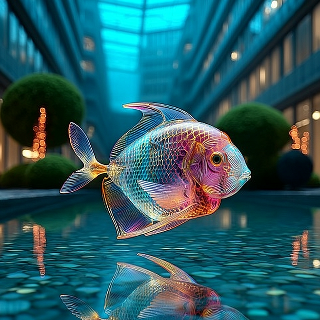 A vibrant, translucent glass fish swimming gracefully above a reflective surface in a modern urban courtyard. The fish is illuminated by ambient light, with its shimmering, multi-colored hues of pink, blue, and orange creating a stunning visual contrast against the serene background. The surrounding architecture and green topiary plants reflect in the water, adding a peaceful, artistic atmosphere to the scene