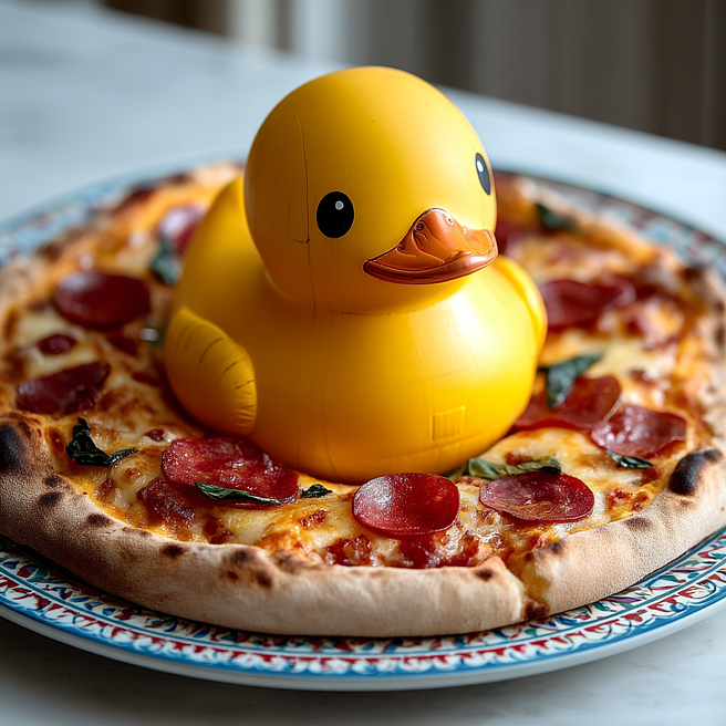 A bright yellow rubber duck sits humorously in the center of a pepperoni pizza on a patterned ceramic plate. The crispy crust, melted cheese, and scattered basil contrast with the playful duck, creating a quirky and surreal food scene.