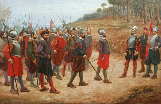 Francisco Pizarro challenges his soldiers on Isla del Gallo to cross a line — those who step over it are willing to continue the expedition to Peru despite fighting, hunger, and disease. The gamble paid off: 171 Spanish soldiers defeated more than 5,000 Inca warriors in 1531 and discovered the silver deposits of the mines of Potosí. (Image source: Juan Lepiani/wikicommons, 1902)