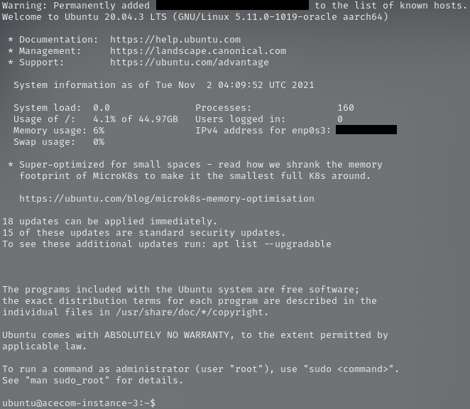 Example of message for when we successfully connect to our instance.