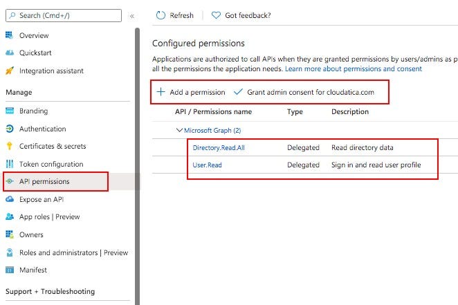Graph API necessary permissions added — Cloudatica example