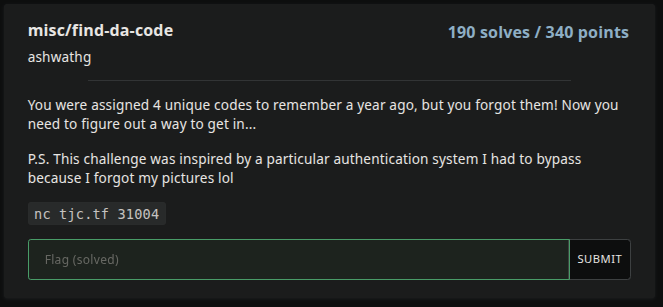 TJCTF 2026 — find-da-code (Misc) Writeup