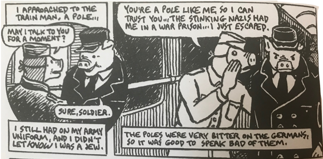 Vladek speaking to a Polish Train Man (Taken from Spiegelman’s Maus Pg. 66)