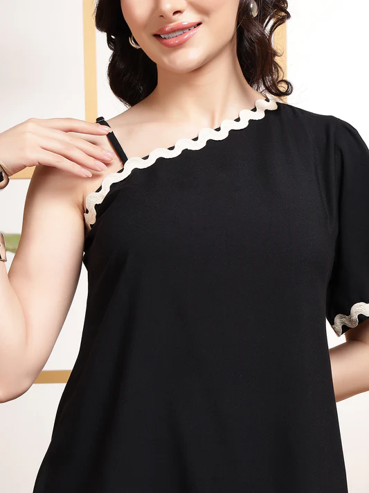 Black One-Shoulder Asymmetric Tunic with Pants Co-ord Set