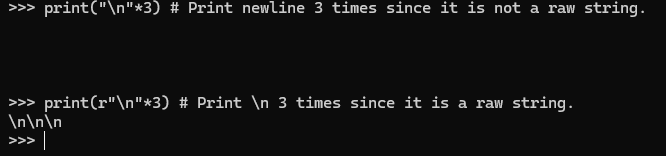 Printing \n (newline symbol) 3 times with and without using a raw string.