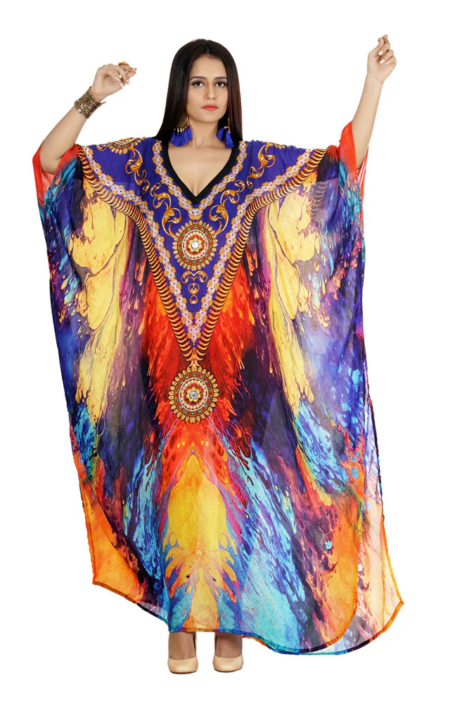 Women Silk Kaftan dress embellished with multi color Ornament design ...