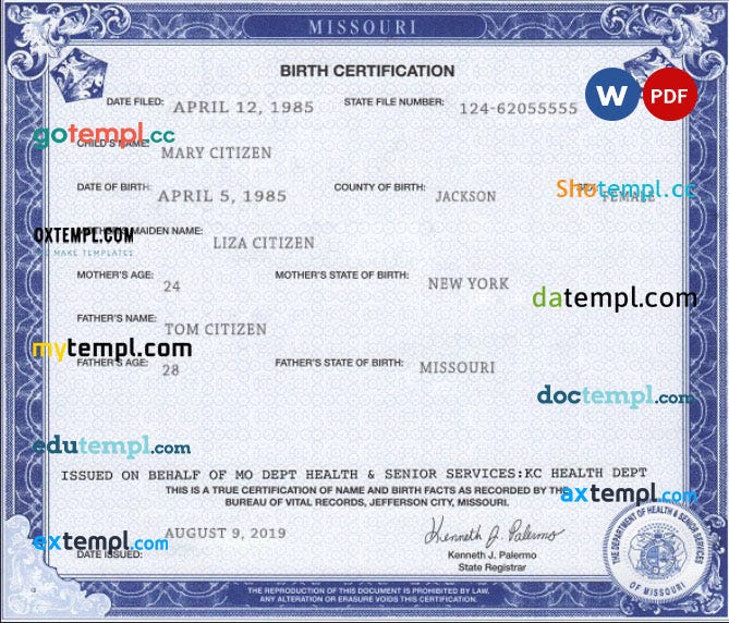USA Missouri state birth certificate template in PSD format, fully ...