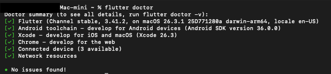 Terminal showing flutter doctor output with Xcode and CocoaPods checks passing (green checkmarks)