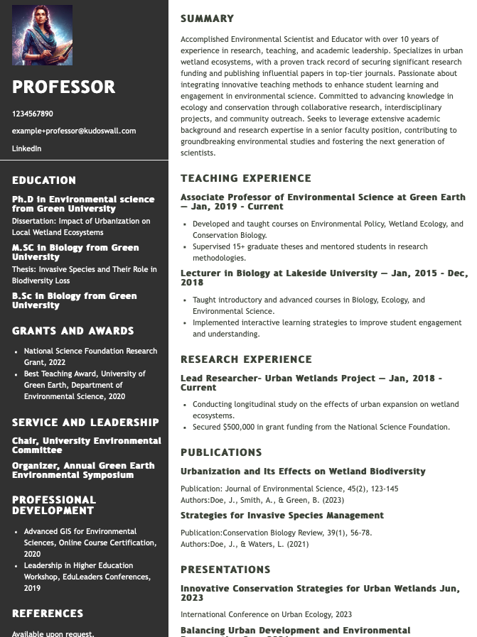 Example Professor CV Built Using KudosWall’s AI CV Maker