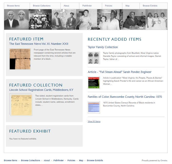 Screenshot of the Black in Appalachia Omeka Homepage.