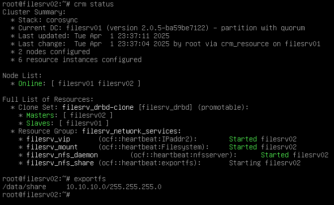DRBD master, resources, and NFS share are moved to another node