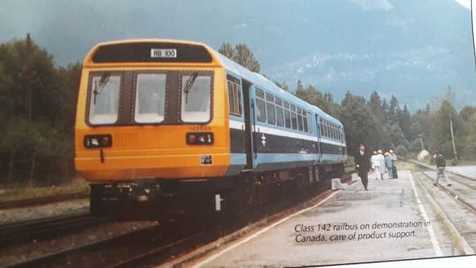 Promotional image showing a Class 142 railbus somewhere in the Fraser Valley (British Rail)