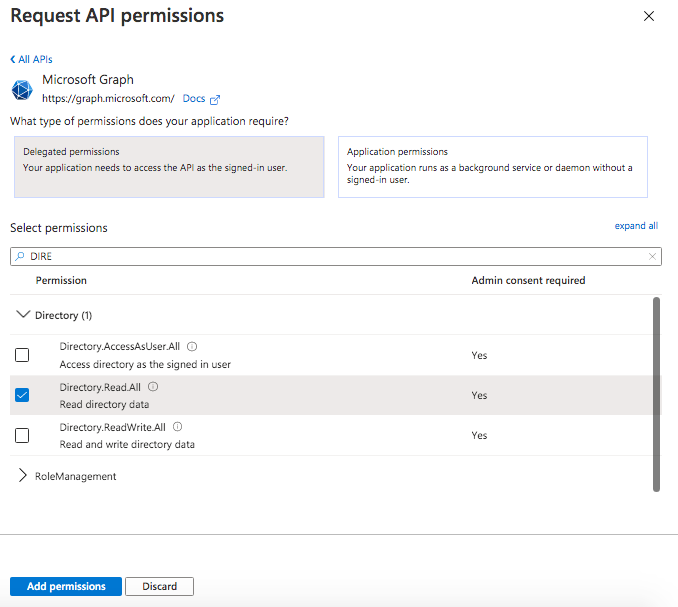 Grant Directory Read All permission to your app — Cloudatica example