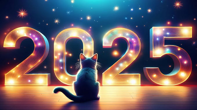 Cat looking at a large 2025 sign.