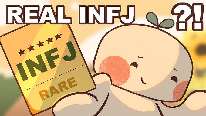 A character with a smirking face holding a poster saying “INFJ RARE”