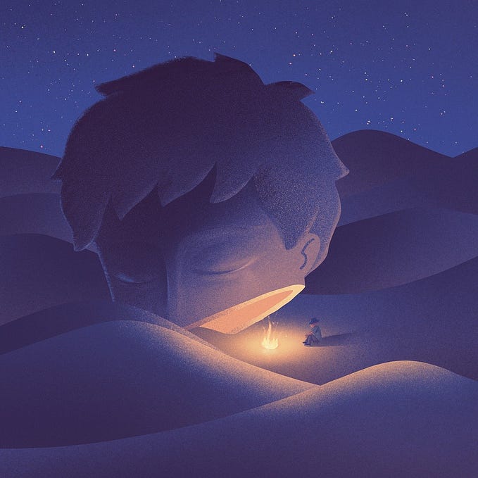 An abstract illustration of a vast, dreamy desert landscape under a starry night sky. A small figure sits by a campfire, dwarfed by the large silhouette of a serene face blending into the sand dunes, creating a surreal and contemplative atmosphere.
