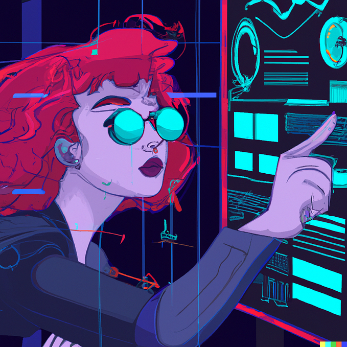 A cyberpunk illustration of a researcher measuring the user experience of a digital product.