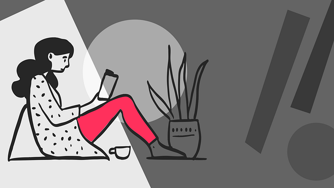 Ilustração de uma menina sentada no chão, usando uma blusa com bolinhas e com uma calça rosa, lendo um livro ao lado de um vaso de plantas.