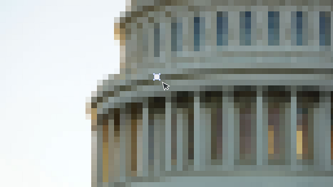 Visual illustration showing a pixelated government building, with a pixel selected, and being edited.