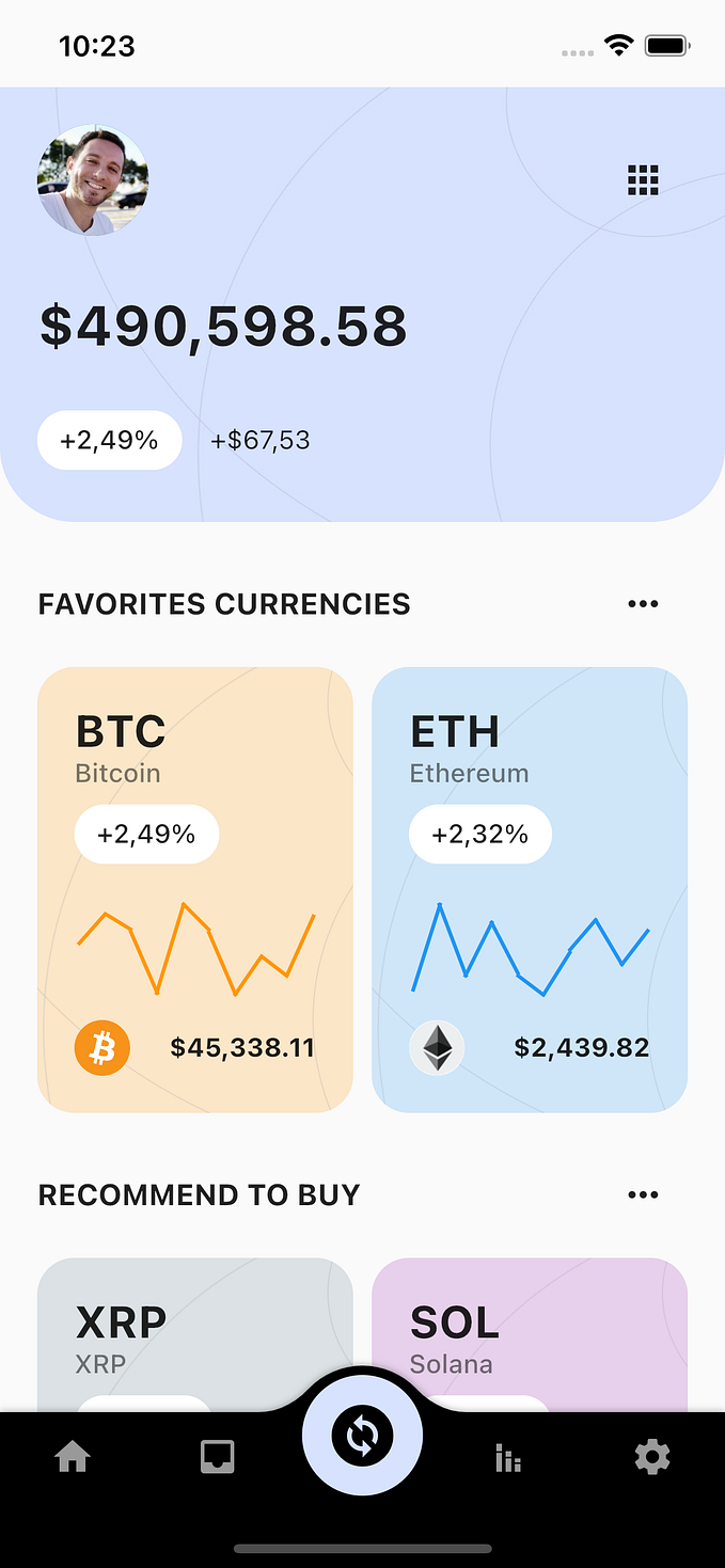 Home screen with user’s balance and their top crypto currencies.