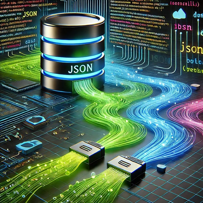 A Black barrrel labeled JSON spews out neon streams of what is presumably data