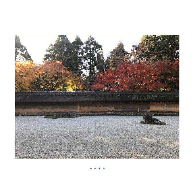 A photo of a rock garden with autumn leaves. Below the photo, four circular dots are shown side by side with the third one from the left marked in blue and the rest in grey.