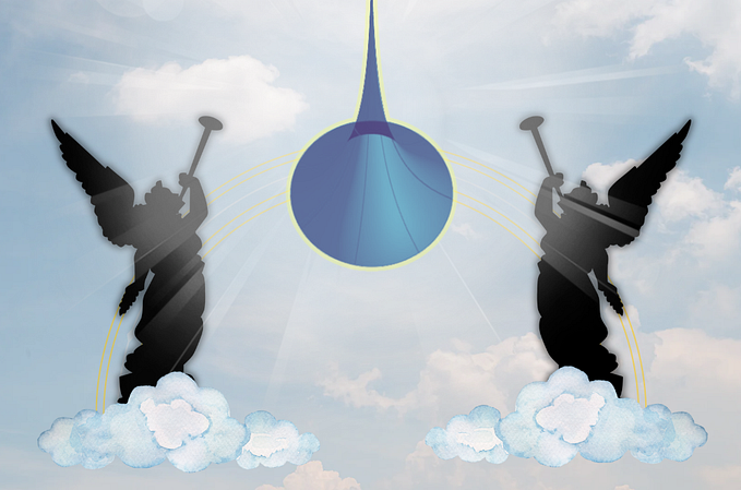 Gabriel’s horn descends from the heavens with a flash of light. Two angels floating on clouds blow their trumpets.