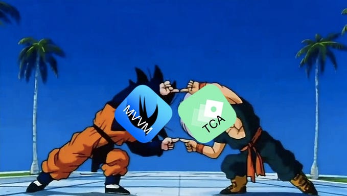 DragonBall Fusion Dance meme with MVVM and TCA Icons replacing the faces